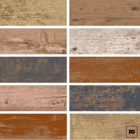 Piso cerámico tipo madera color mix formato 18×55, modelo Madera Frida.